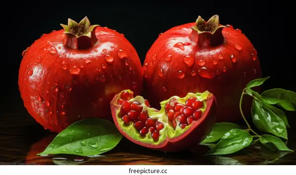 Two Red Pomegranates with Green Leaves