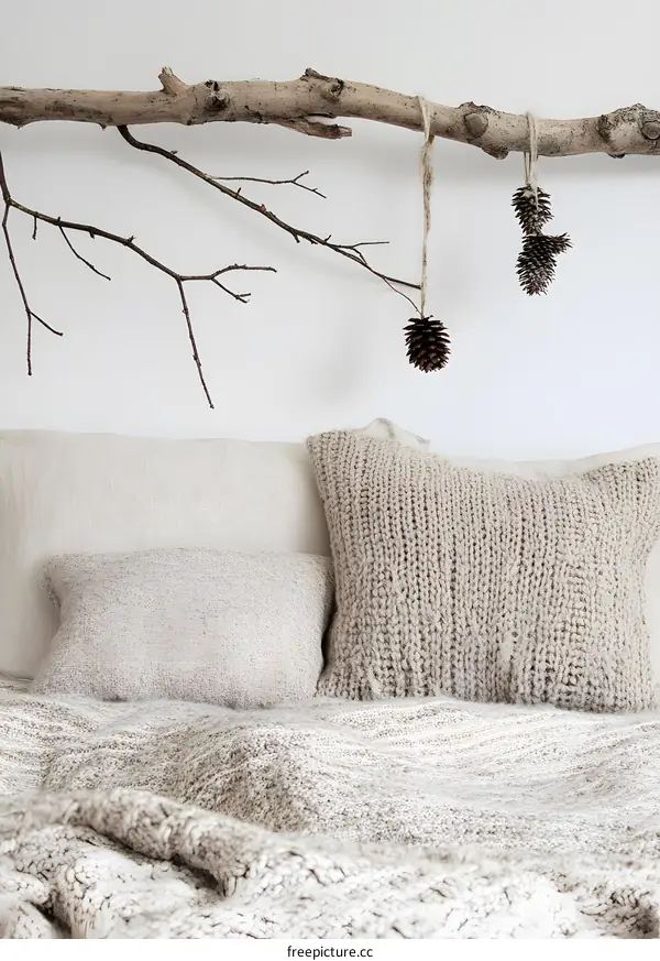 Minimalist Bedroom Decor with Branch and Pine Cones