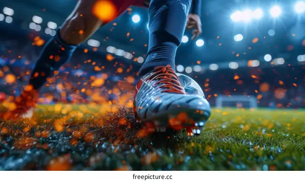Soccer Player in Blue Uniform Kicking Ball with Fiery Effects