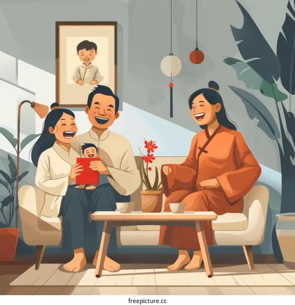 A happy family of four celebrates Chinese New Year together
