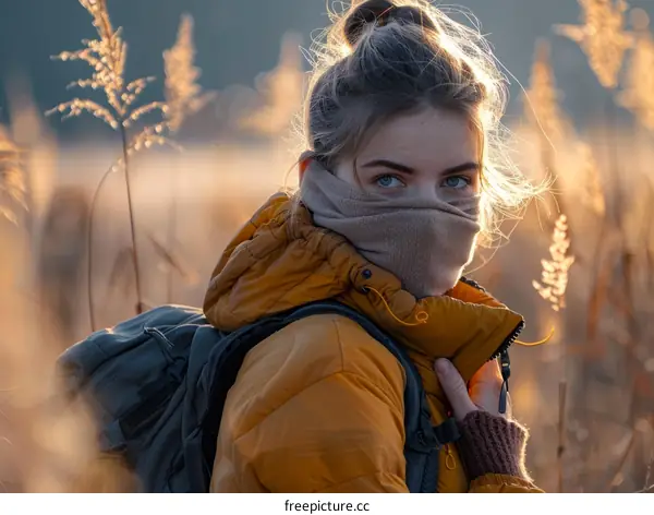 Young woman hiking in a field of tall grass