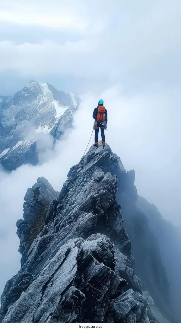 A mountain climber reaches the summit of a mountain and looks out at the view