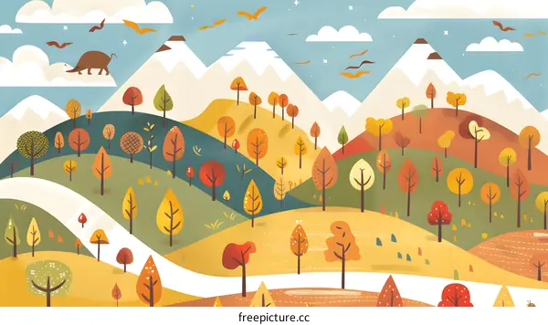 Autumn Landscape with Mountains and Flying Birds