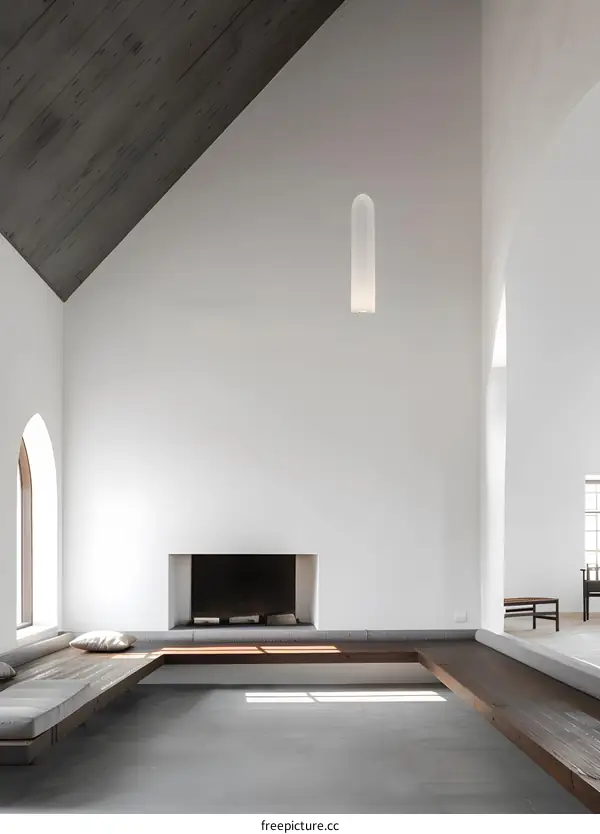 Minimalist Interior Design with Fireplace and Wooden Bench