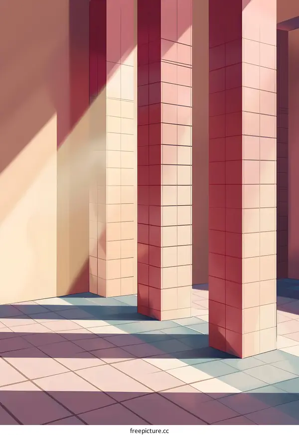 Abstract Minimalist Illustration with Red and Beige Tiled Pillars and Sunlight
