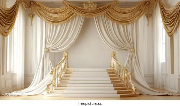 Luxury Palace Interior with Golden Staircase and Drapery