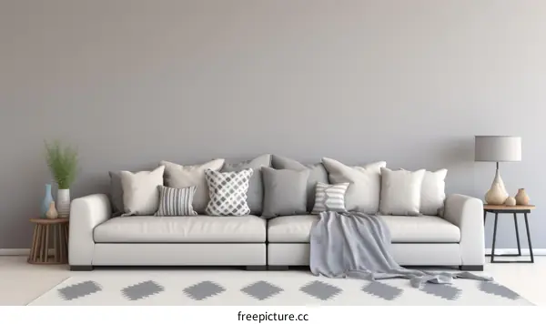 A stylish living room with a comfortable sofa, a coffee table, a lamp, and a rug.