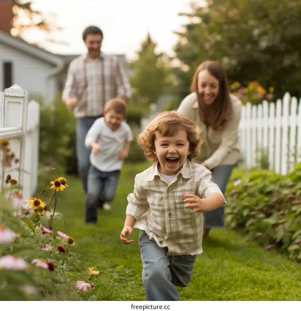 Family of four running in a field of flowers