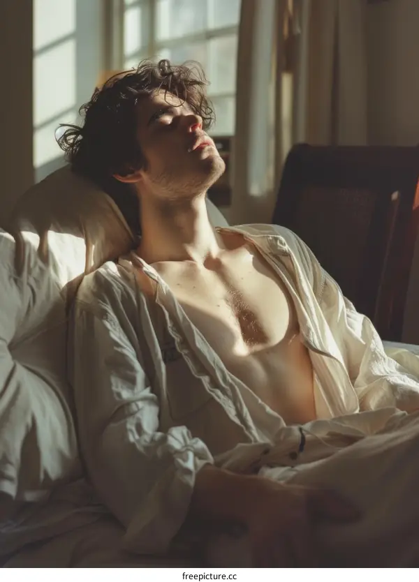 Young man in white shirt sleeping in sunlight