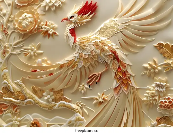 3D rendering of a phoenix made of paper cutouts against a cream-colored background