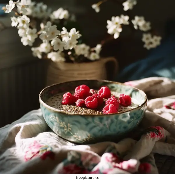 Healthy Raspberry Chia Seed Pudding with White Flowers