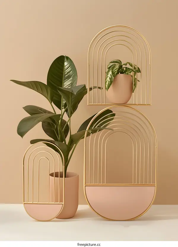 Golden Arch Plant Stand With Two Plants On A Tan Background