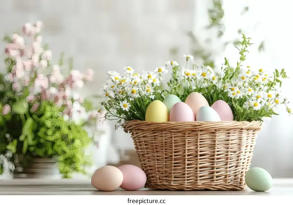 Easter Decoration with Colorful Eggs and Flowers in a Basket