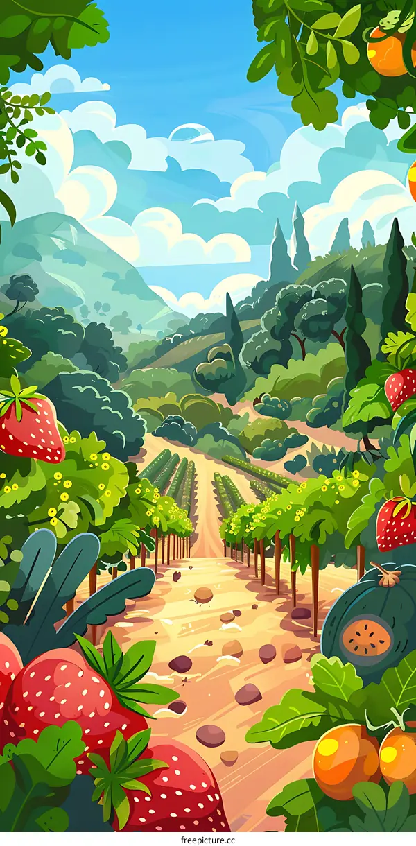 Summer Landscape Illustration with Strawberries and Oranges