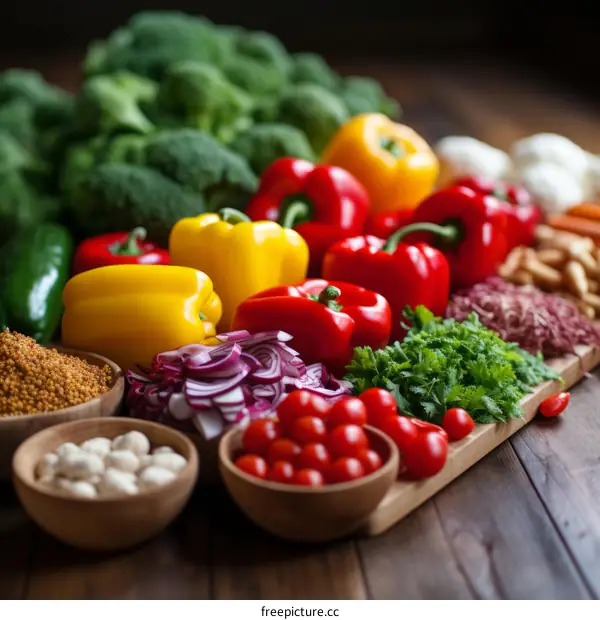 A variety of fresh vegetables and spices on a wooden table