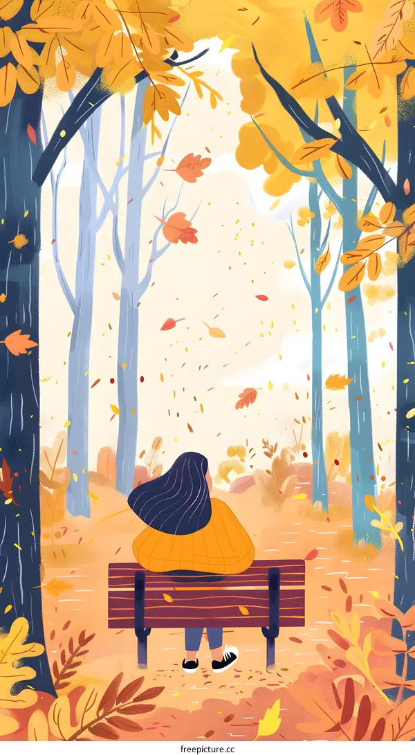 Autumn Leaves Falling On A Bench With A Woman