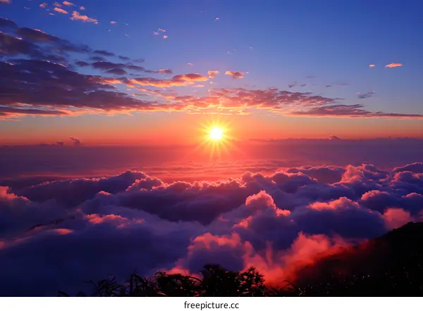 The sun sets over a sea of clouds in a beautiful sky