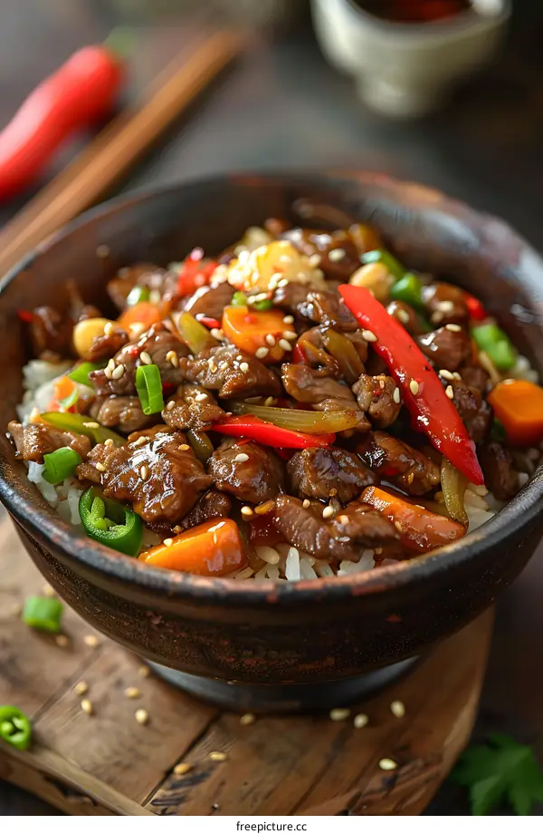 Close Up of Chinese Stir Fry with Beef and Vegetables Served on Rice