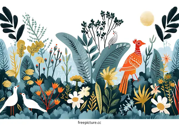Floral Garden Illustration with Birds