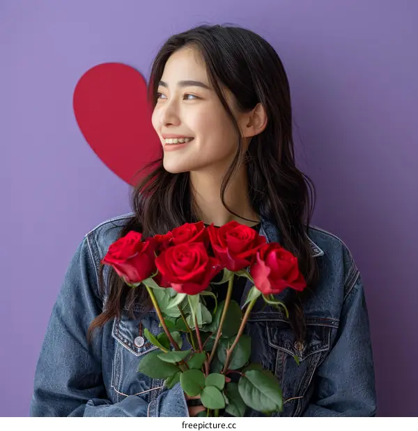 Asian woman holding a bouquet of red roses