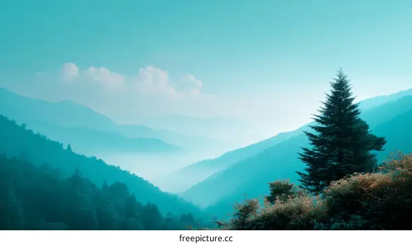 Misty Mountain Landscape in Teal Tones