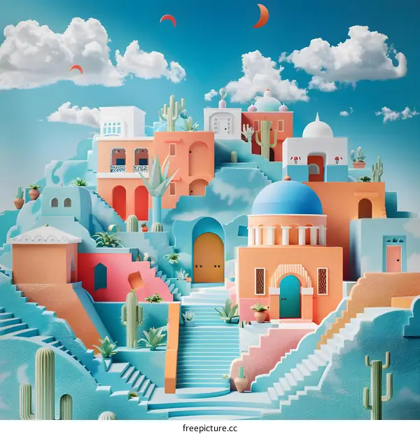 3D Illustration of a Desert City with Blue Sky and White Clouds