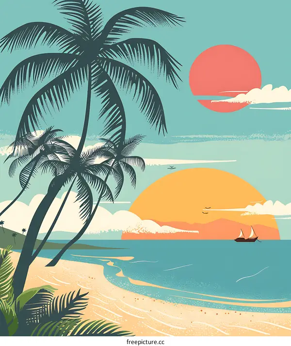 Tropical Sunset Beach Palm Trees Illustration