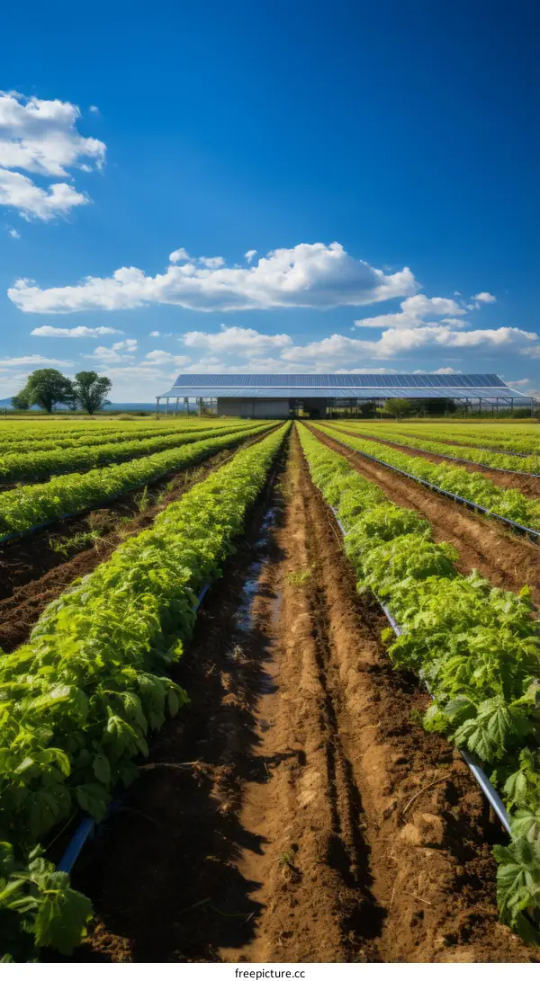 Rows of green leafy vegetable plants in an agricultural field with a solar panel structure in the background