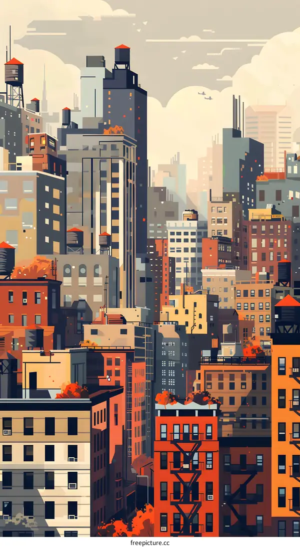 Cityscape Illustration with Colorful Buildings