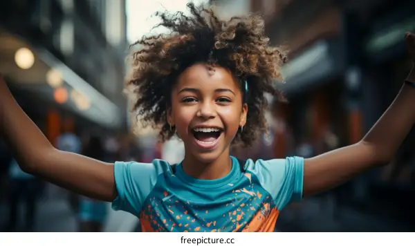 A young girl with curly hair is smiling and has her arms raised in the air.
