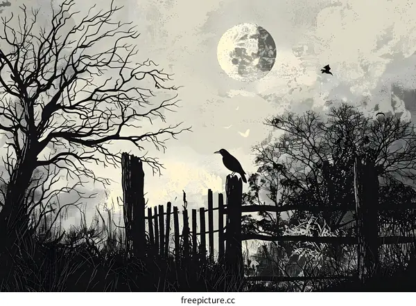 blackbird on a wooden fence under the moonlight