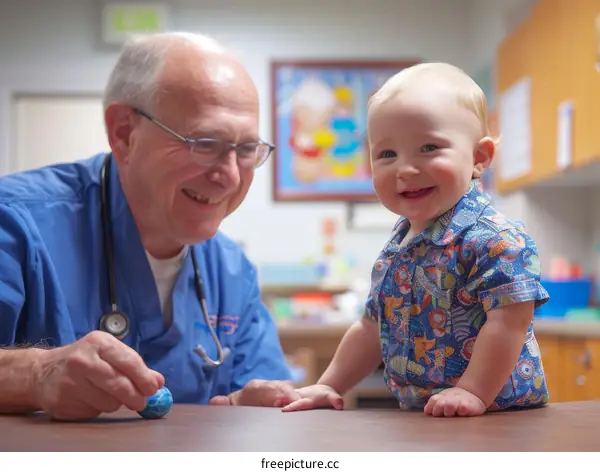 Pediatrician examining a smiling baby