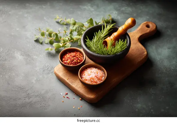 Assortment of Aromatic Spices and Herbs on Wooden Cutting Board