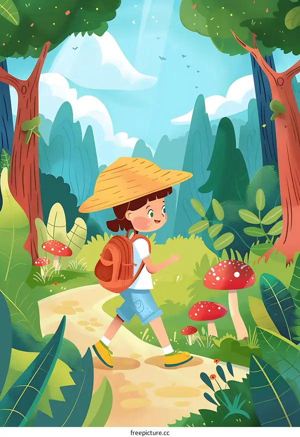 Little Girl Walking in the Woods with a Backpack