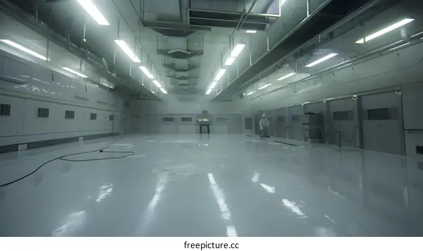 Clean Room Interior with One Person in White Suit