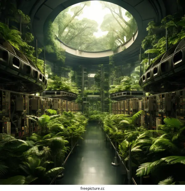 Futuristic Data Center Overgrown with Nature