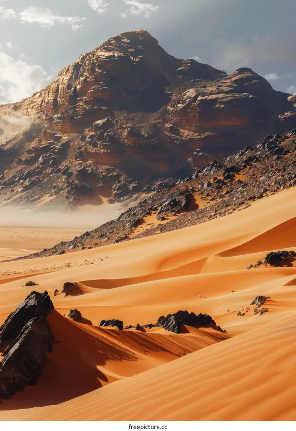 Vast Desert Landscape with Distant Rock Mountain