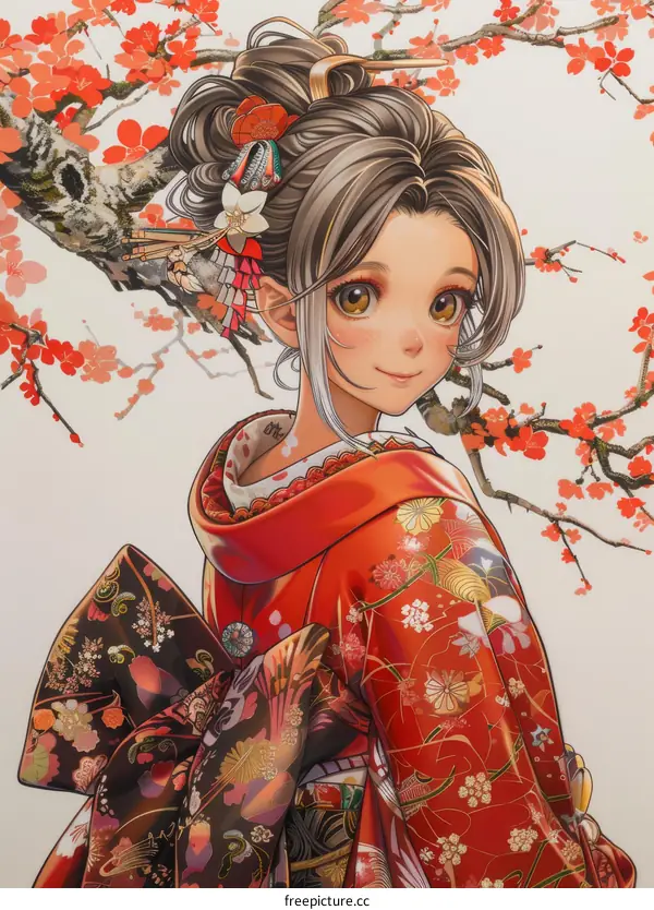 Japanese Woman in Red Kimono with Cherry Blossoms