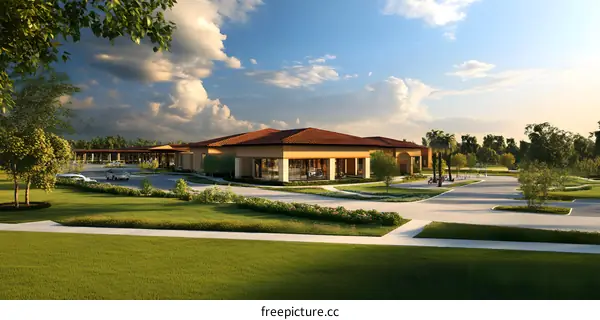 Modern Building with a Large Lawn and Palm Trees