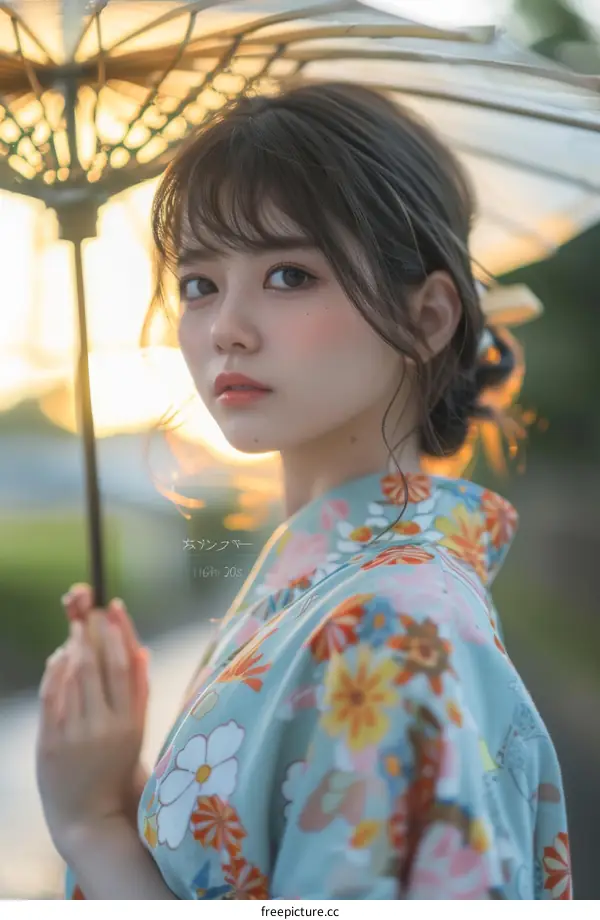 Asian Woman in Traditional Japanese Dress Under Umbrella