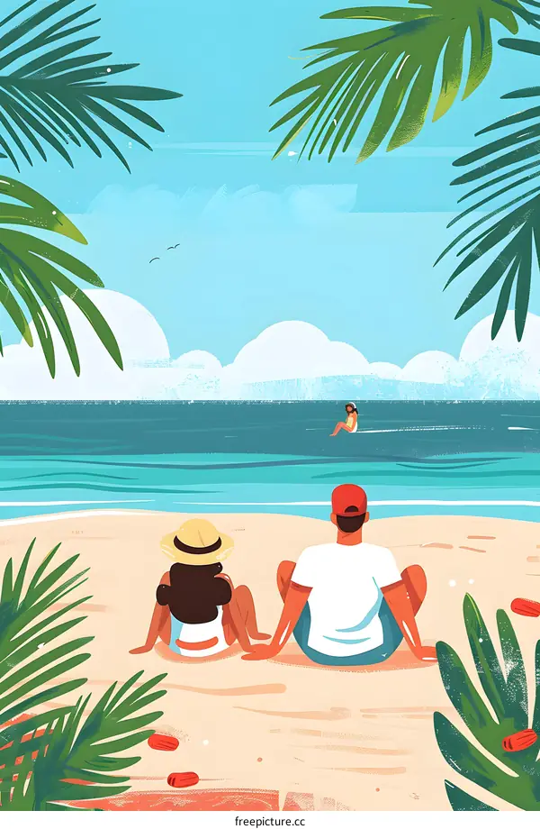 Family Vacation Summer Beach Palm Tree Illustration