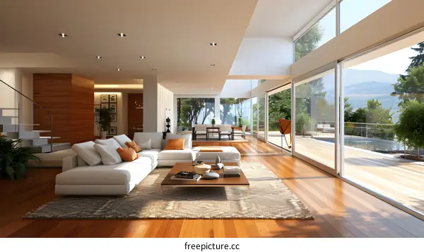 Bright modern house interior with large windows