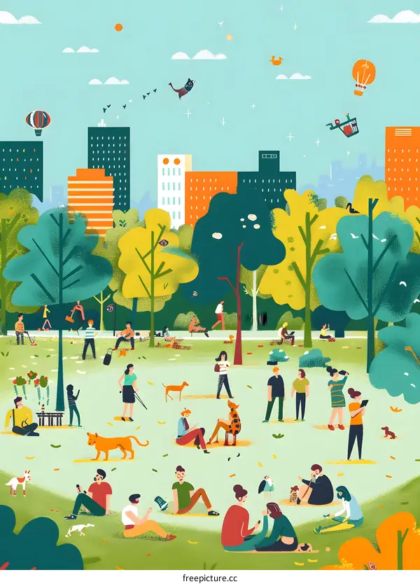 City Park Illustration with People and Animals