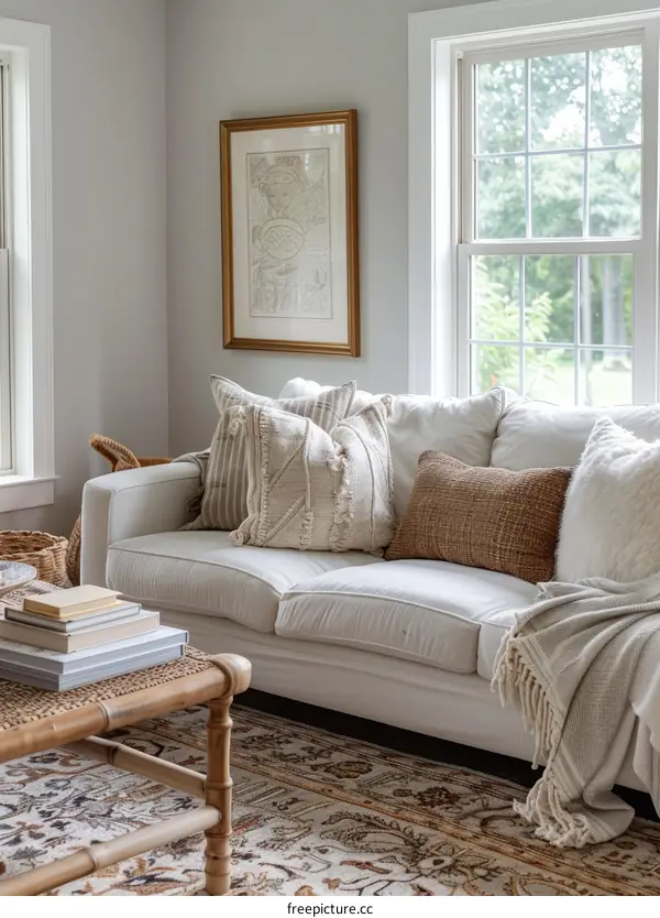 Cozy Neutral Living Room with White Sofa and Textured Pillows