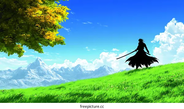 Silhouette Figure in a Lush Meadow with Majestic Mountains