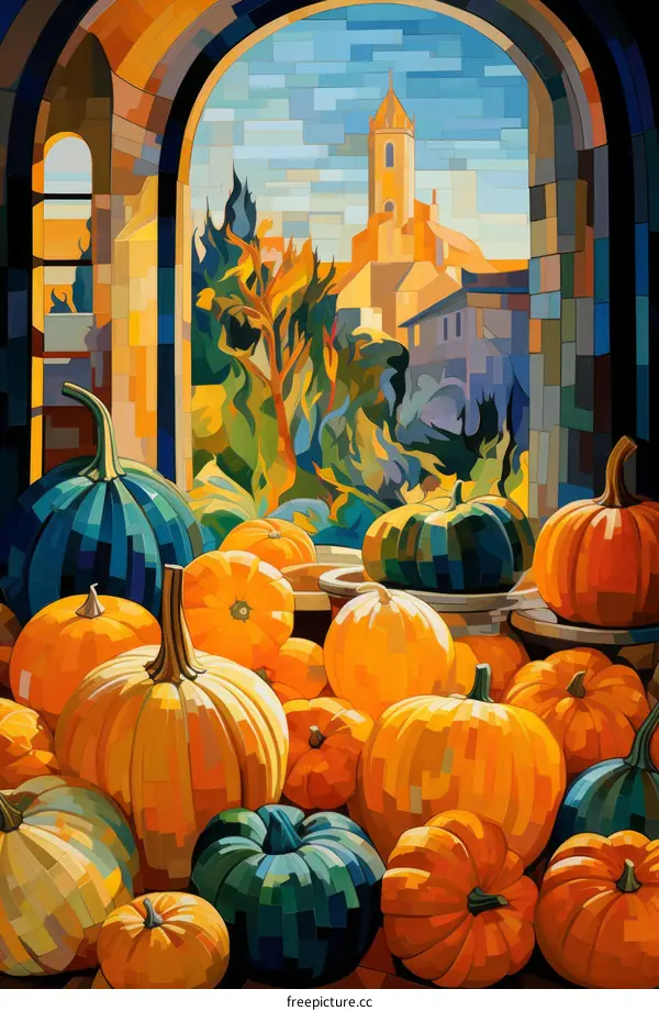 Colorful pumpkins of various sizes in front of a stained glass window