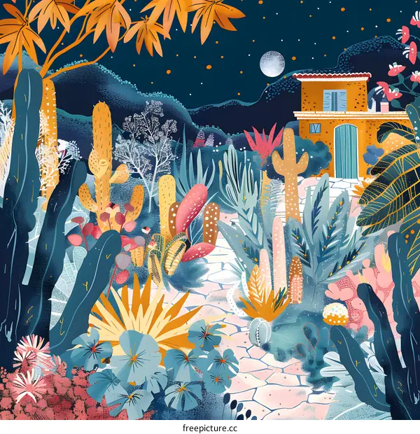 Nighttime Garden with a Small House