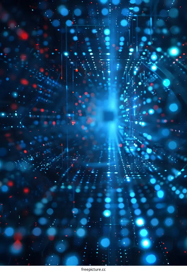 Blue and red glowing dots form a digital tunnel.