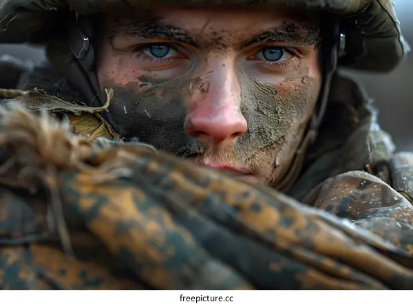 Portrait of a soldier with blue eyes and mud on his face