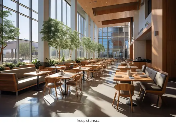 Modern Corporate Cafeteria with Wood Tables and Chairs